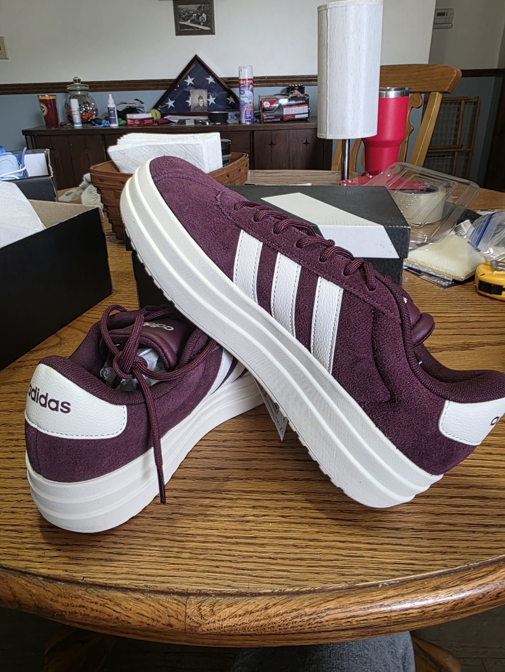 adidas VL Court Bold Size 7.5 Womens Maroon Suede Sneakers with White Stripes - Picture 7 of 8